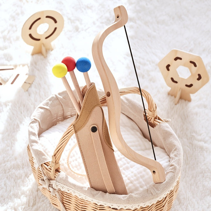 Kids' wooden bow and arrow set for safe outdoor play. Educational junior archer toy for children.