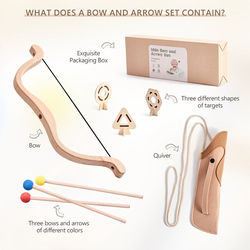 Preschool-friendly wooden bow & arrow set. Safe, educational, & fun toy for young children's imaginative outdoor play.