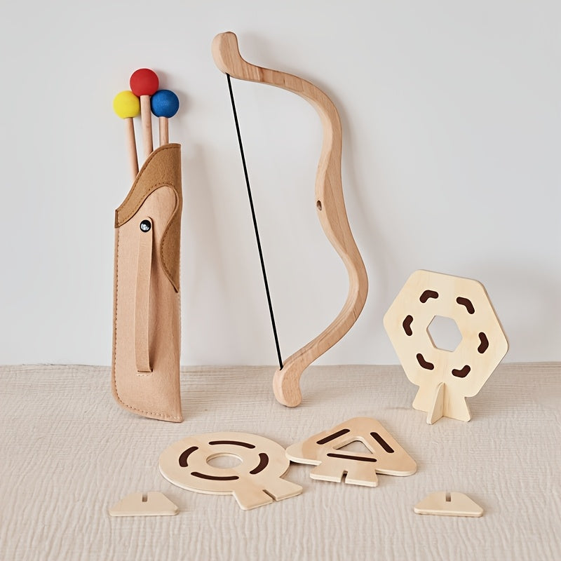 Happy child playing safely with a wooden bow & arrow set, encouraging imaginative outdoor fun. Ideal preschool toy.