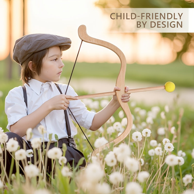 Close-up of a handcrafted wooden bow & arrow for kids. Durable, safe, and educational toy for outdoor play.