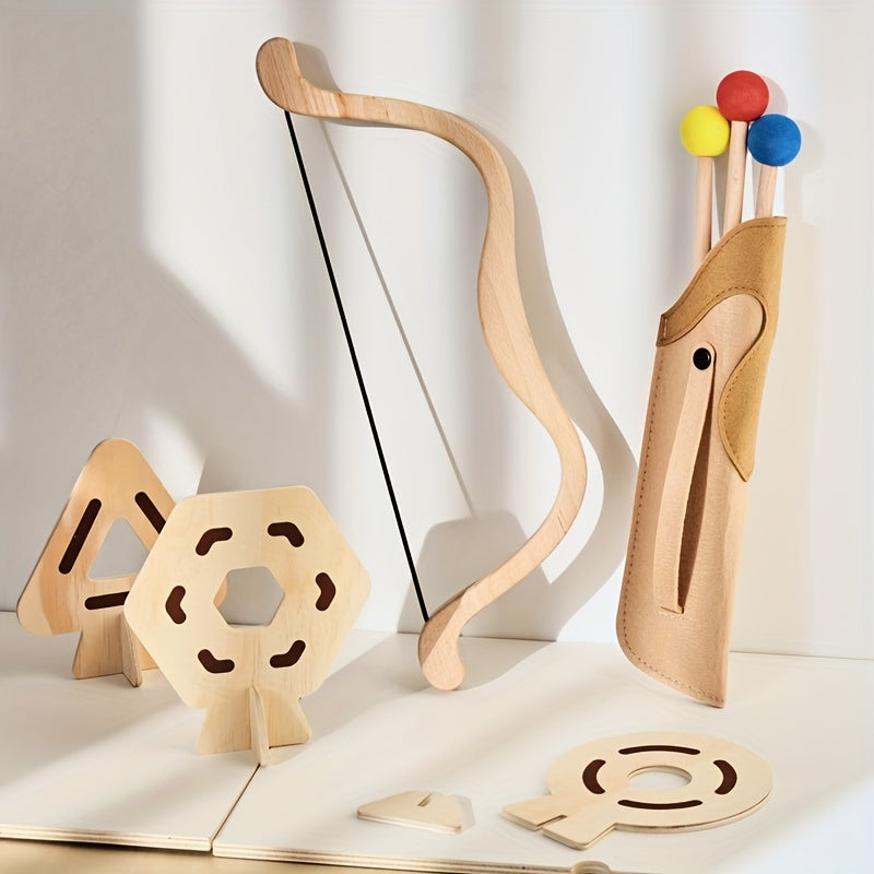 Complete wooden bow & arrow set for kids: bow, arrows, & quiver. Great children's gift for educational outdoor play.