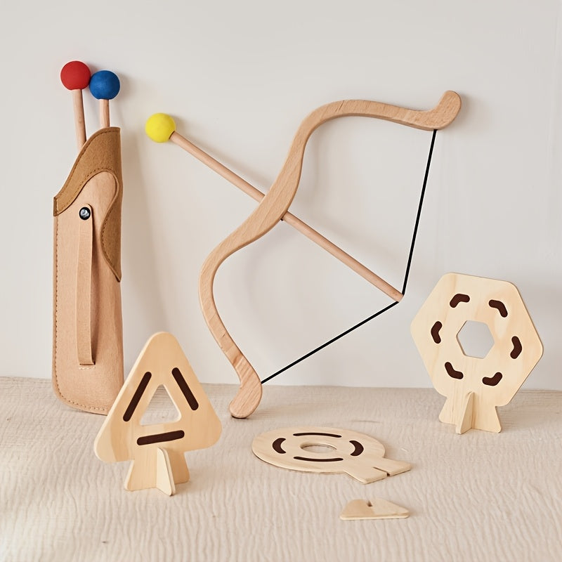 Educational wooden bow & arrow set developing kids' motor skills and imagination. Safe outdoor preschool toy.