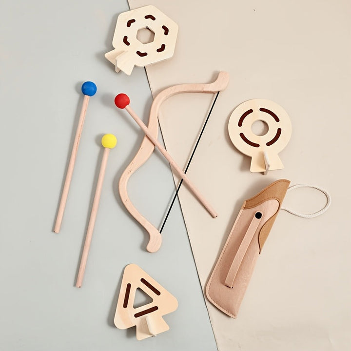 Kids enjoying active outdoor play with a durable wooden bow & arrow set. Fun, safe junior archer toy.