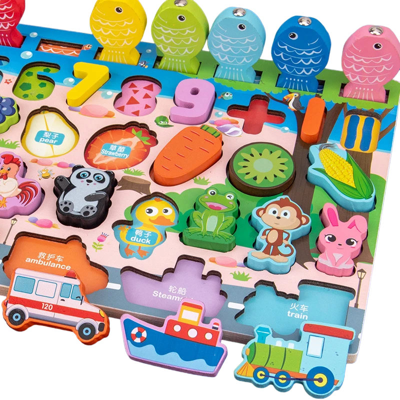 Toddler's busy board wooden puzzle, improving numerical matching, cognitive skills, and sensory play for young learners.