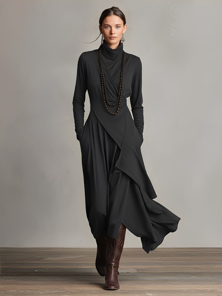Cozy autumn/winter women's elegant draped long sleeve turtleneck midi dress, perfect for ladies' fashion.