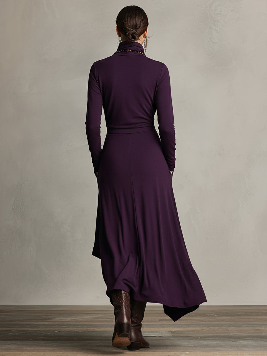 Soft, elegant draped turtleneck midi dress for women, featuring a flattering long sleeve design.