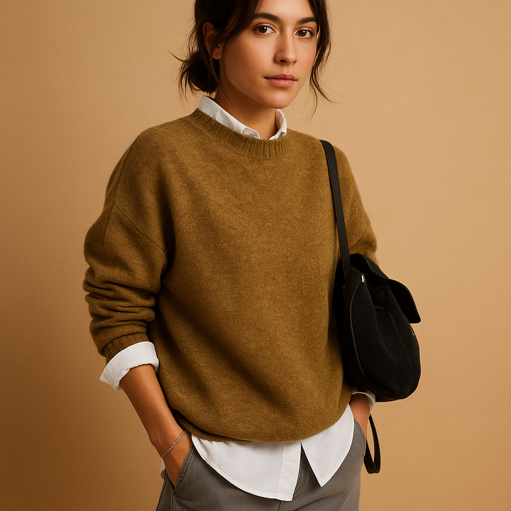 Timeless fine knit women's jumper, elegant round neck sweater offering sophisticated comfort for any occasion.