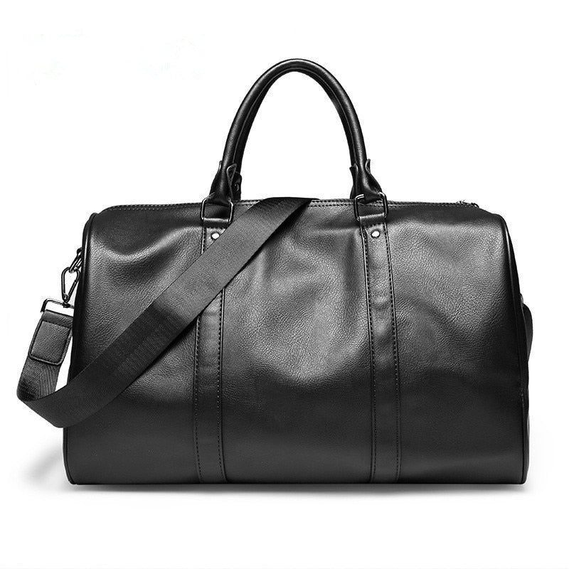 Large black PU leather travel duffel bag, durable carry-on for unisex travel.