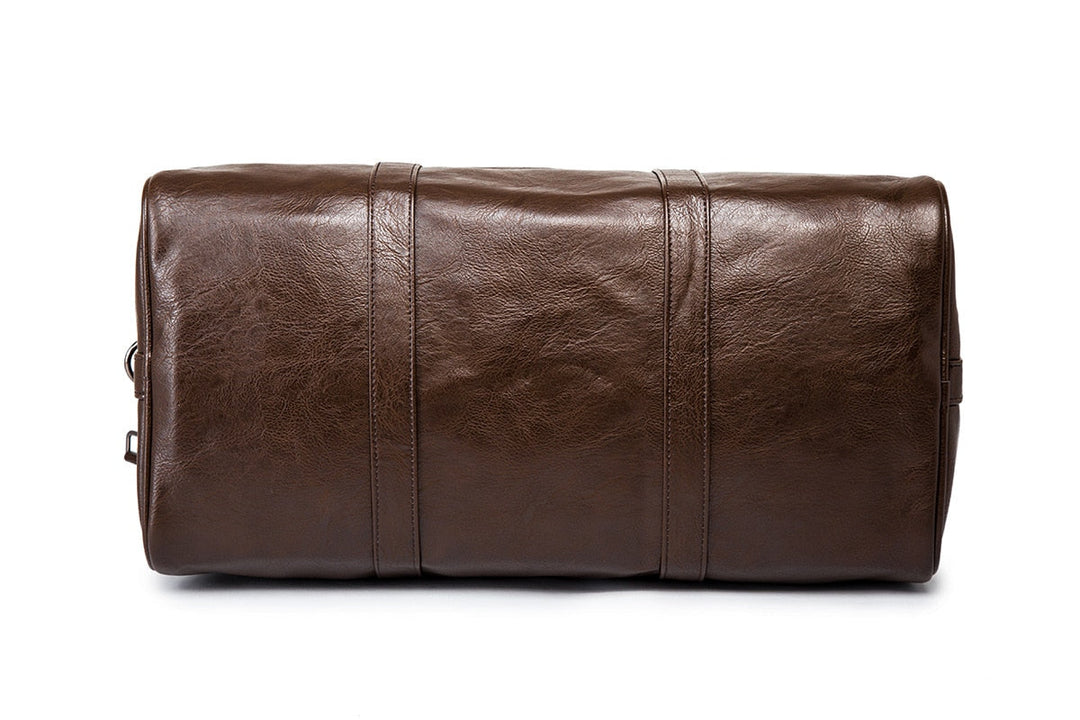 Brown PU leather unisex duffel, large weekender luggage for short trips.