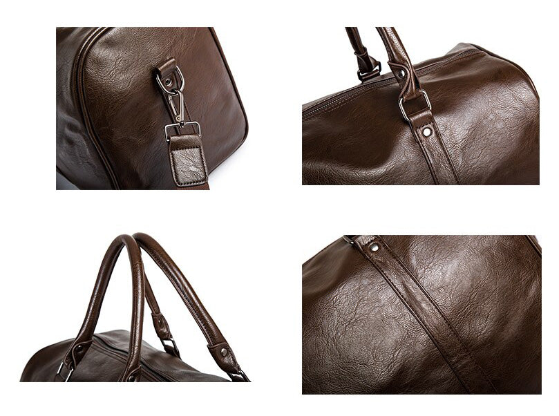 Durable black PU leather carry-on duffel, perfect travel bag for men and women.