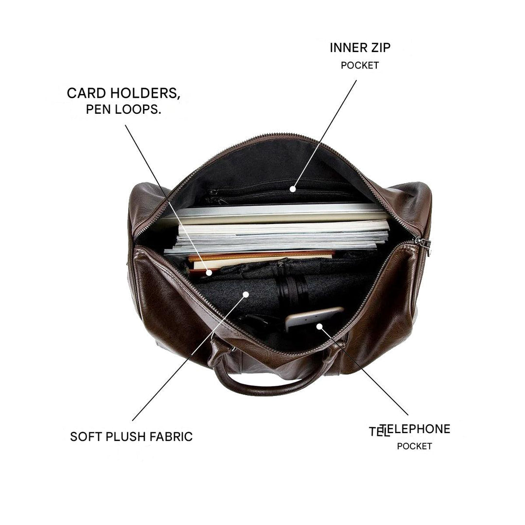 Spacious brown PU leather travel duffel, unisex large weekender for trips.