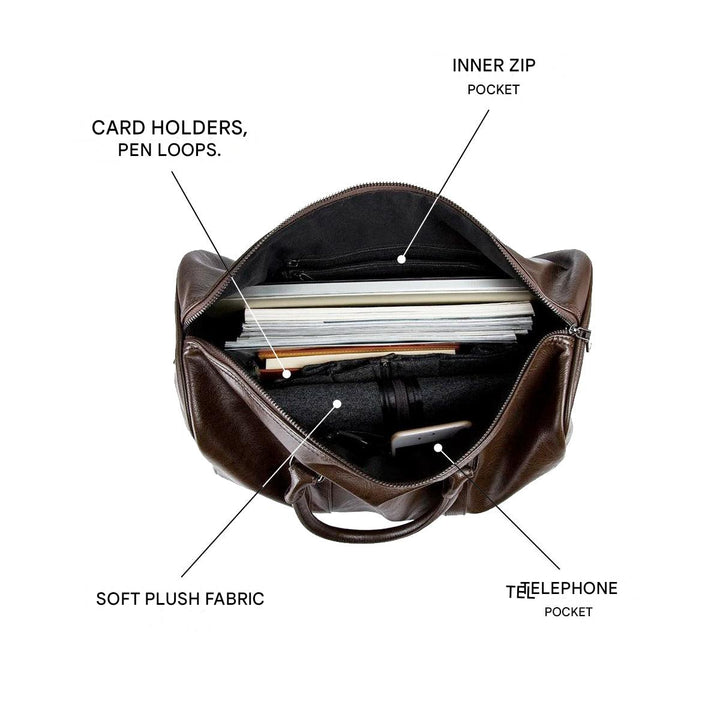 Spacious brown PU leather travel duffel, unisex large weekender for trips.