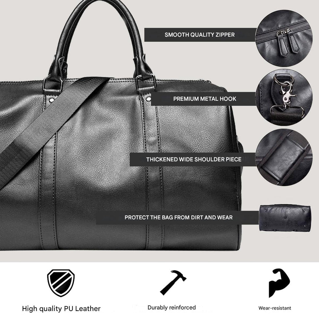Spacious brown PU leather weekender bag, perfect unisex travel luggage.