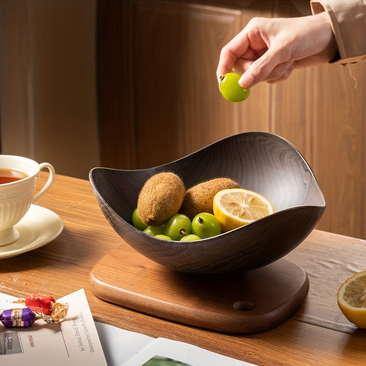 Large decorative wood look fruit bowl, perfect for kitchen table centerpiece.