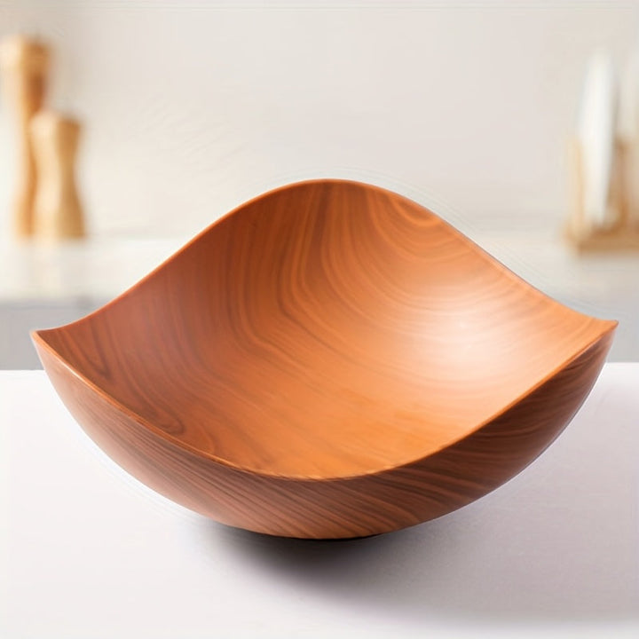 Spacious wood look fruit bowl, ideal for serving a variety of fruits & snacks. Table decor.