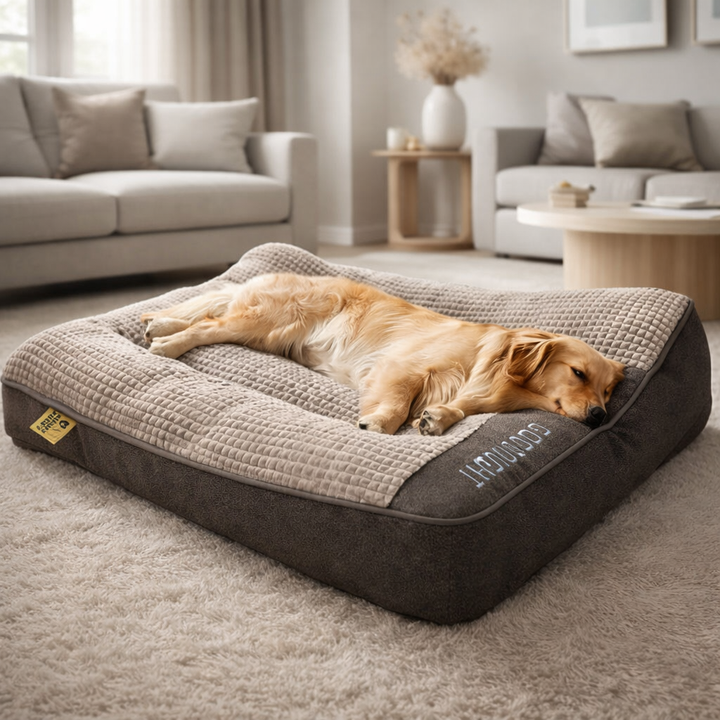 Large orthopedic dog bed with memory foam & integrated headrest for ultimate joint support & pet comfort.