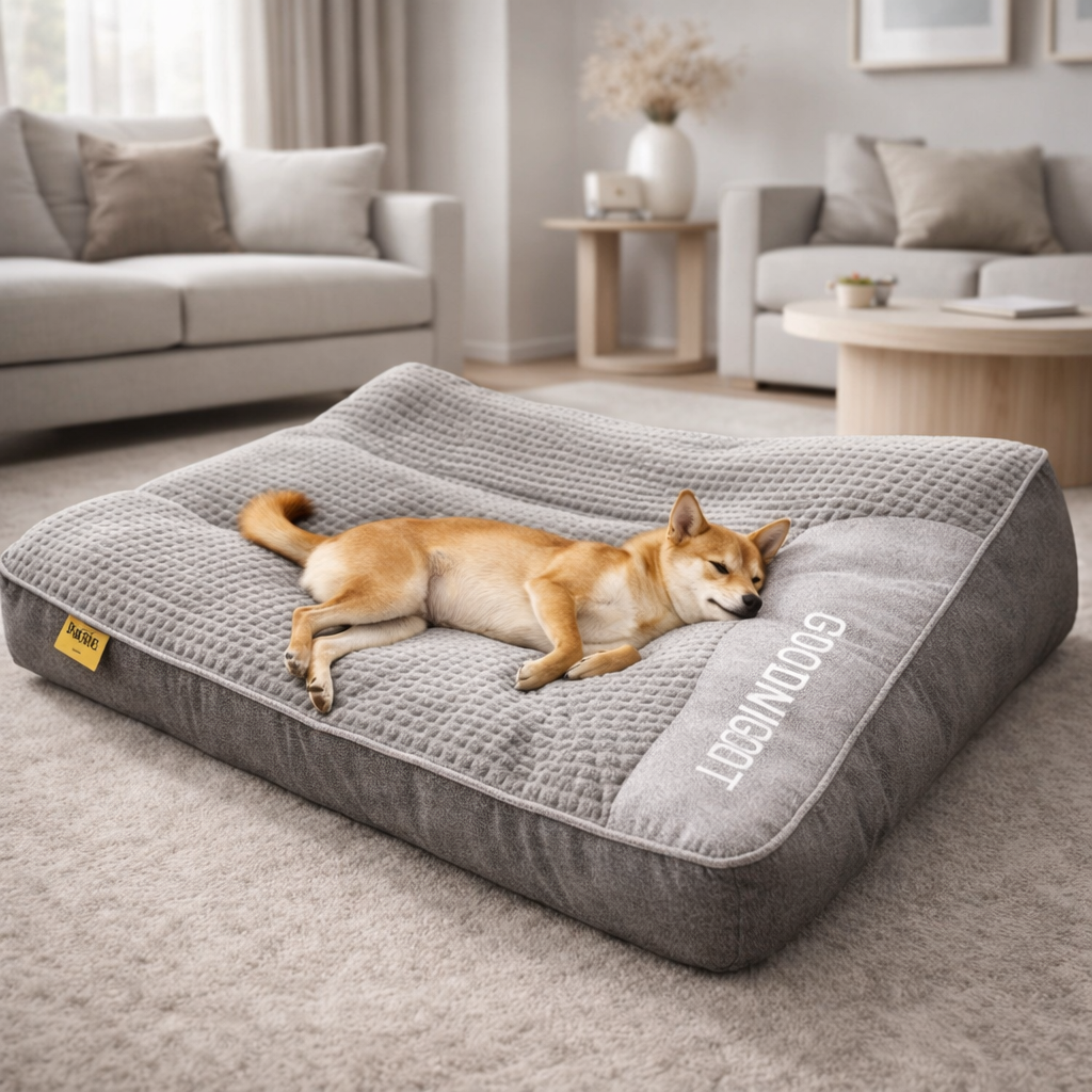 Extra-large orthopedic dog bed with high-density memory foam & supportive headrest for superior pet joint care.