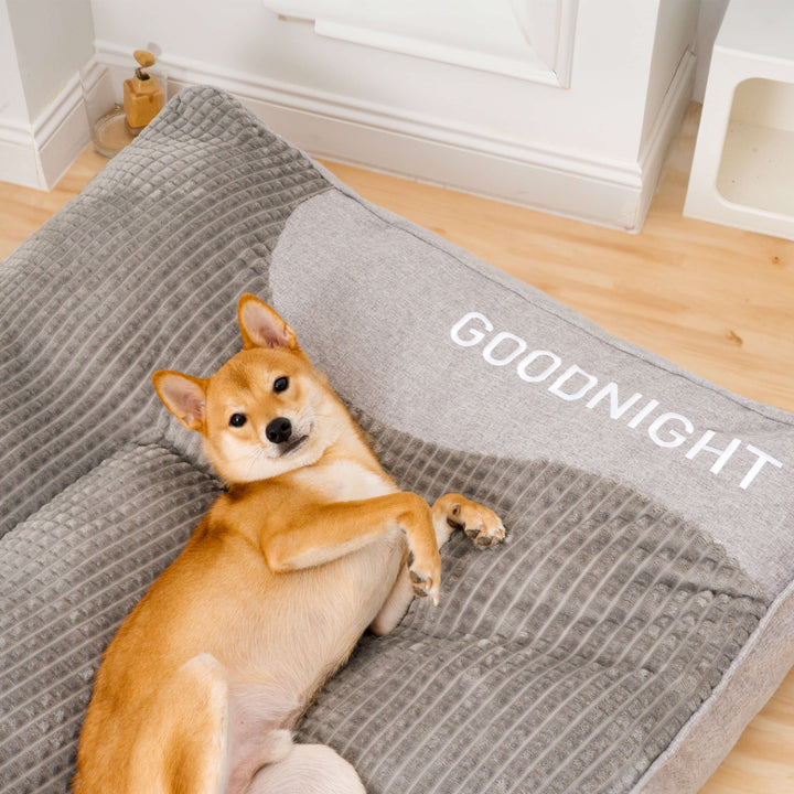 Comfortable large dog bed with memory foam, velvet cover & elevated headrest, providing excellent support & rest.