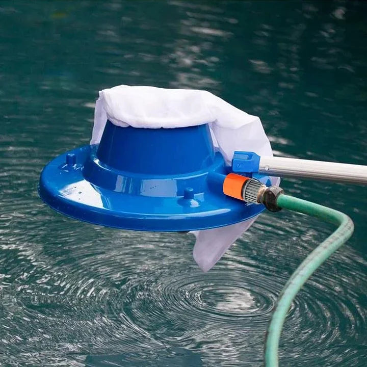 Pool leaf vacuum actively cleaning a swimming pool, effortlessly removing leaves and debris with powerful suction.