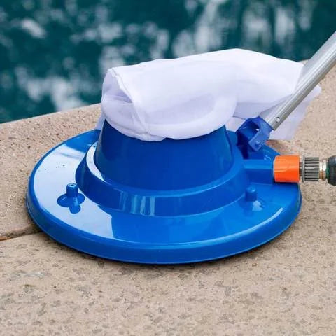 Close-up of a pool leaf vacuum demonstrating its powerful suction and efficient mechanism for collecting pool debris.