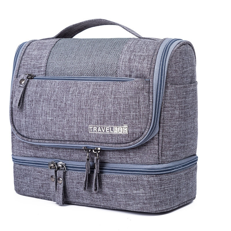 Large unisex hanging toiletry bag, multi-compartment travel organizer for cosmetics & essentials.
