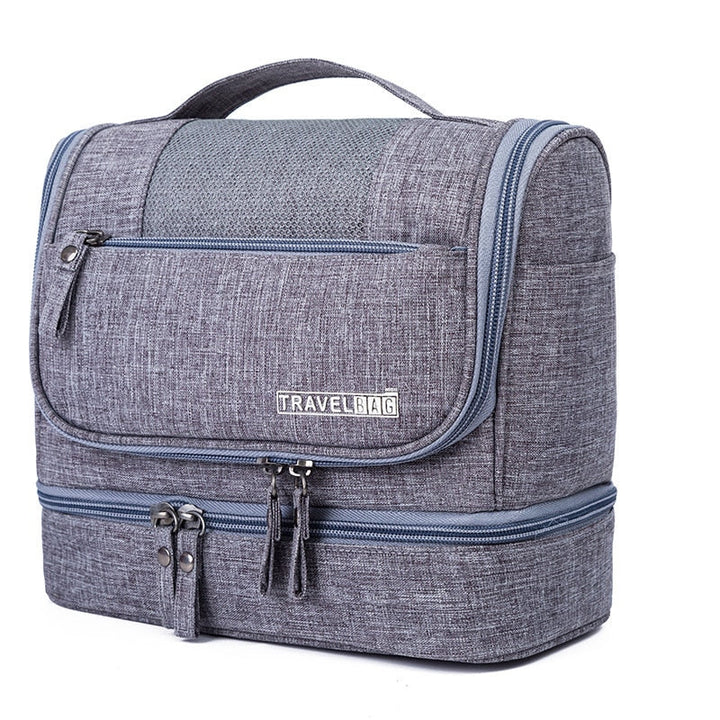 Large unisex hanging toiletry bag, multi-compartment travel organizer for cosmetics & essentials.