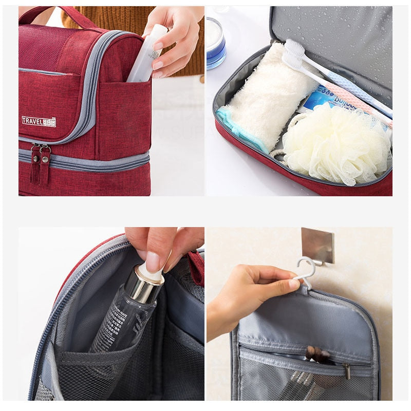 Spacious hanging cosmetic bag, a portable multi-compartment travel organizer for all essentials.