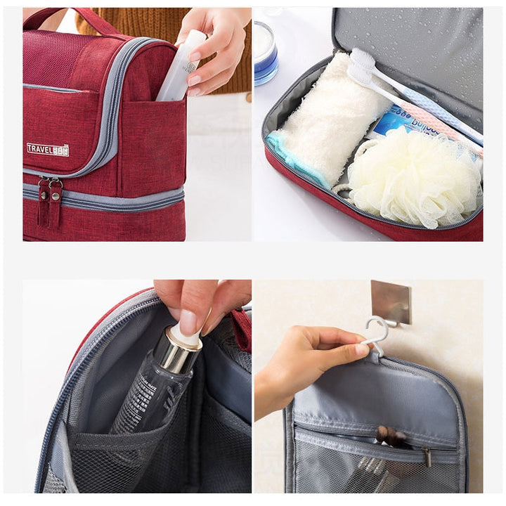 Spacious hanging cosmetic bag, a portable multi-compartment travel organizer for all essentials.