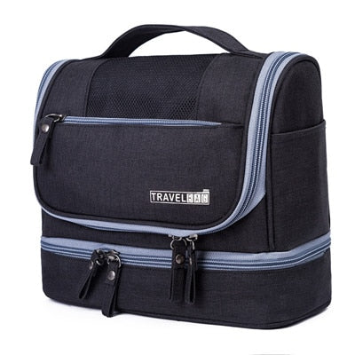 Durable large capacity travel toiletry bag, multi-compartment hanging organizer for unisex use.