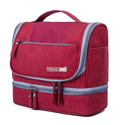 Portable multi-compartment travel case, a hanging toiletry bag ideal for cosmetics and personal items.