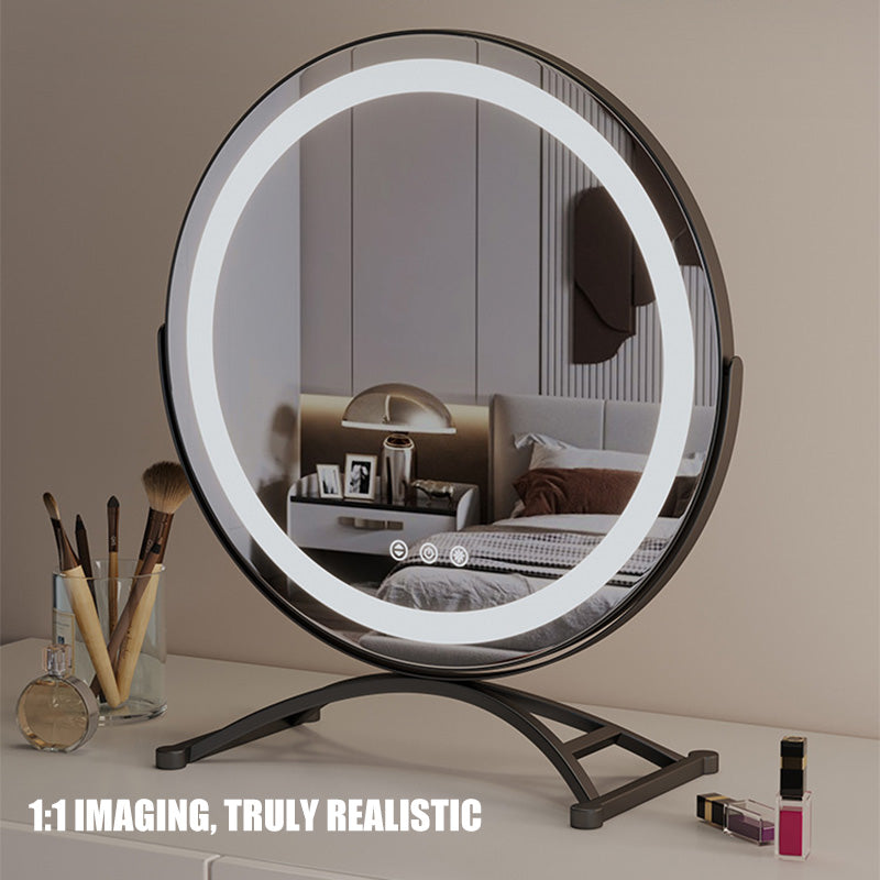 Versatile LED touch control mirror, rechargeable & portable, for home or travel beauty needs.