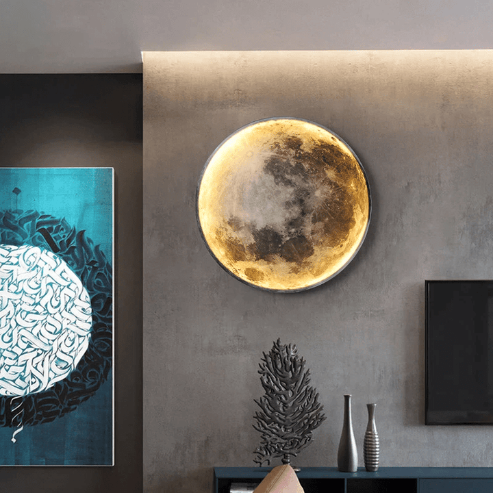 Aesthetic LED moon wall light, perfect modern bedroom decor, casting a soft glow. Lunar home lighting.