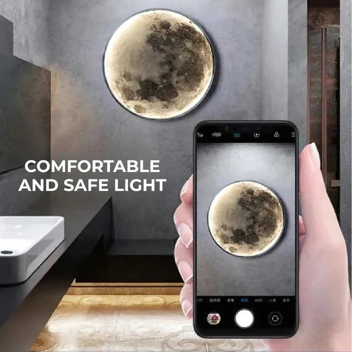 Decorative LED moon wall lamp for modern interiors, unique bedroom lighting & home aesthetic.
