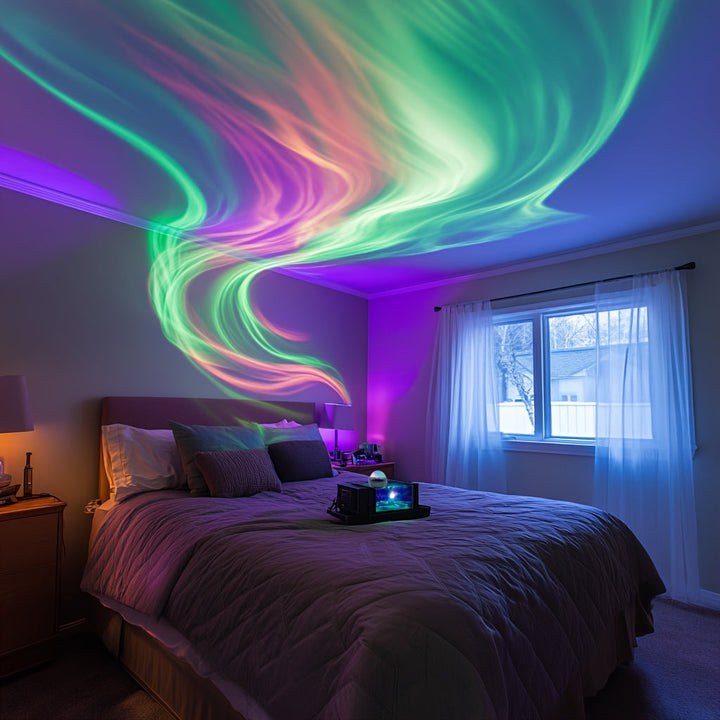 Relaxing Star Projector displays a vibrant galaxy light show. Perfect for bedroom decor & calming home ambiance.