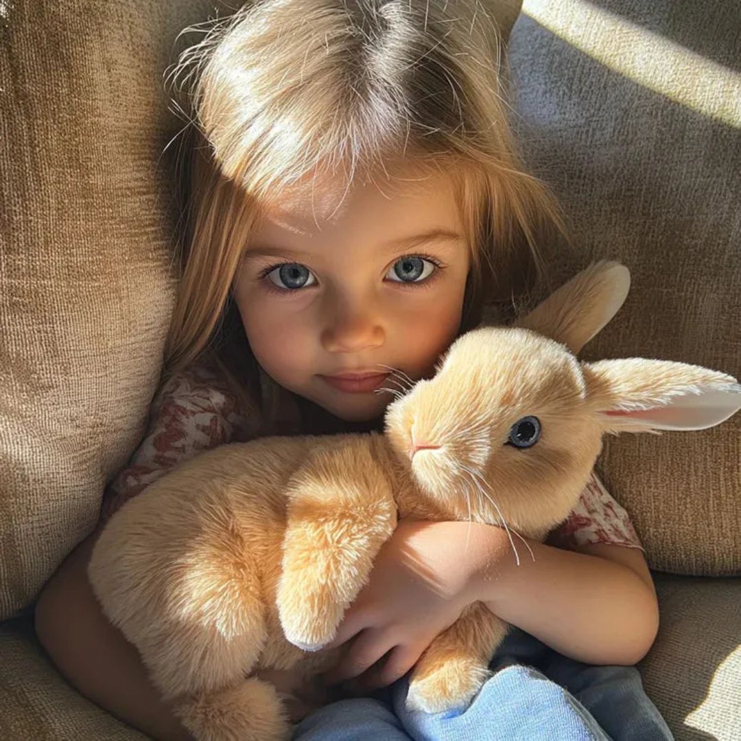Super soft, cuddly plush bunny toy, a lifelike interactive animal companion for children.