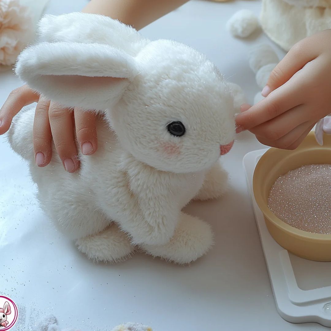 Interactive plush bunny, perfect as a soft, lifelike playmate and companion for kids' imaginative play.