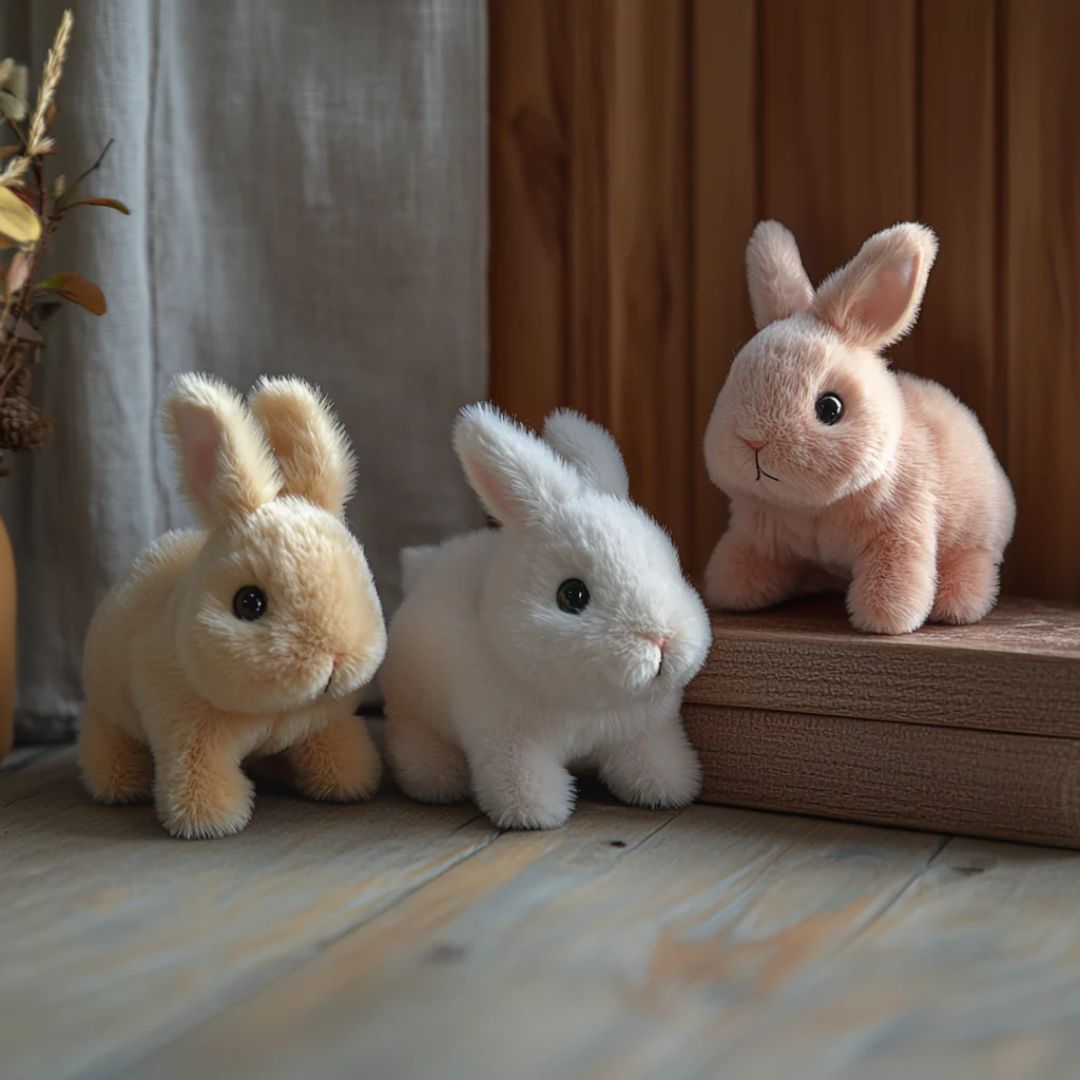 Detailed lifelike plush bunny, an interactive soft toy designed as a comforting animal companion.