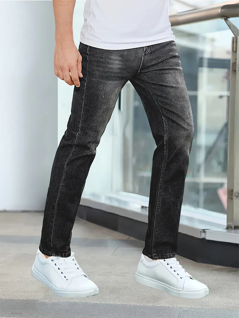 Light blue men's relaxed fit casual comfort jeans, perfect for everyday wear & modern style.