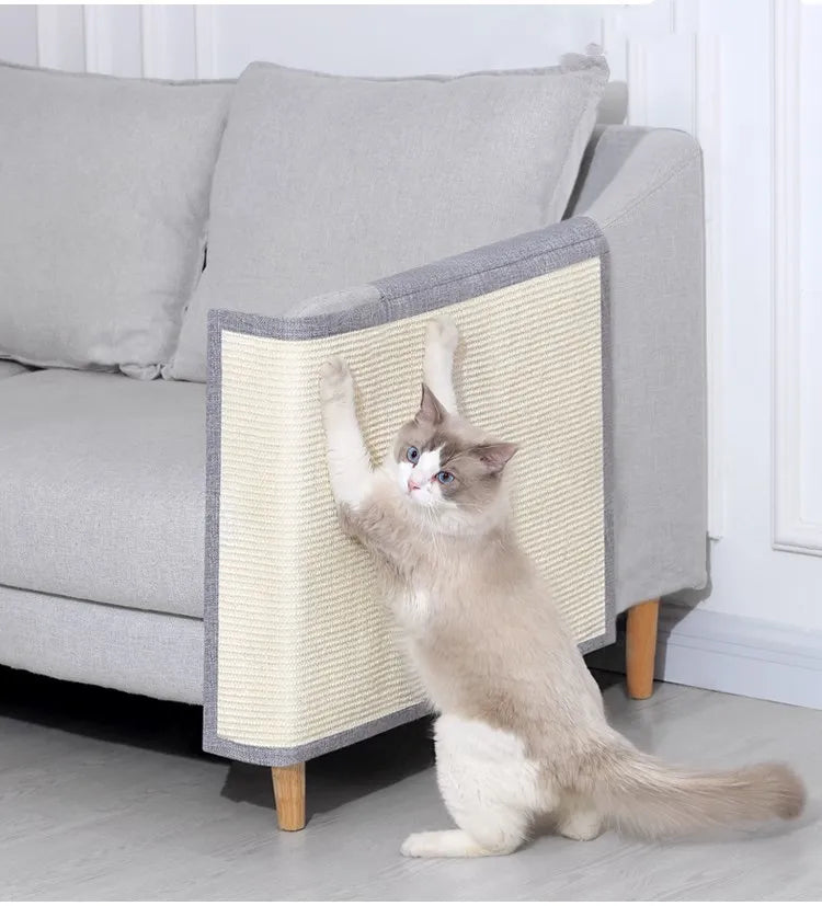 Light grey sisal cat scratch furniture protector mat for sofa armrests.