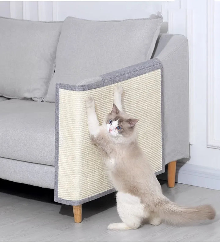 Light grey sisal cat scratch furniture protector mat for sofa armrests.