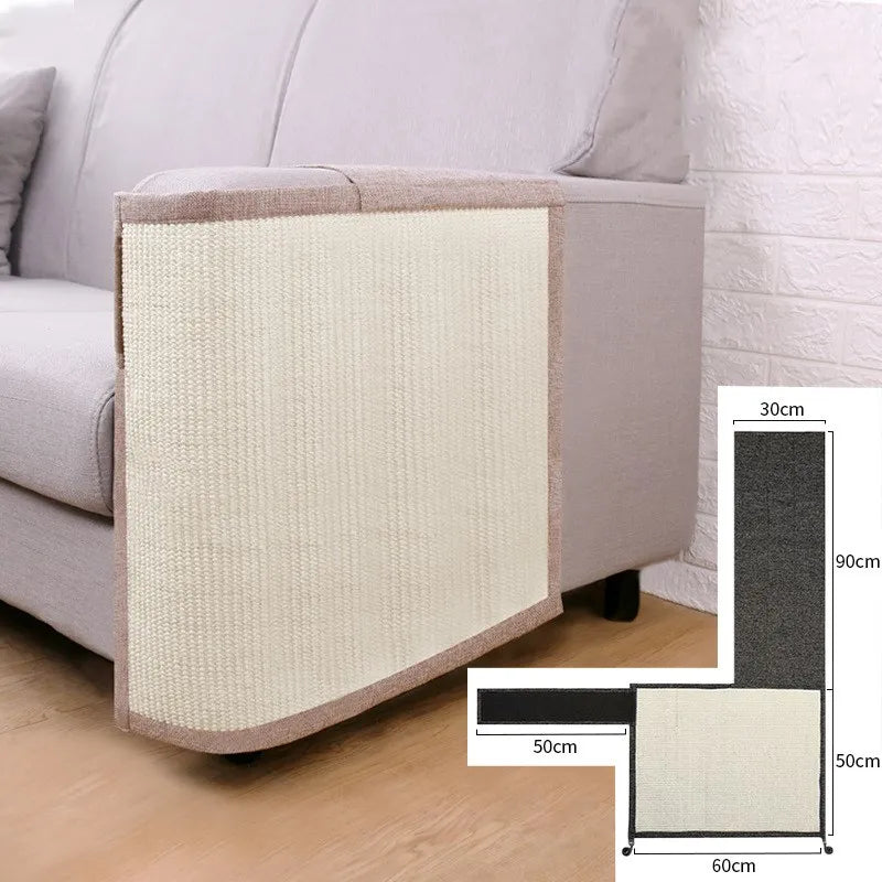 View of a light grey sisal armrest protector, a cat scratcher & furniture shield.