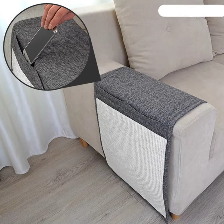 Stylish light grey sisal mat for cats, protecting furniture & blending with home decor.