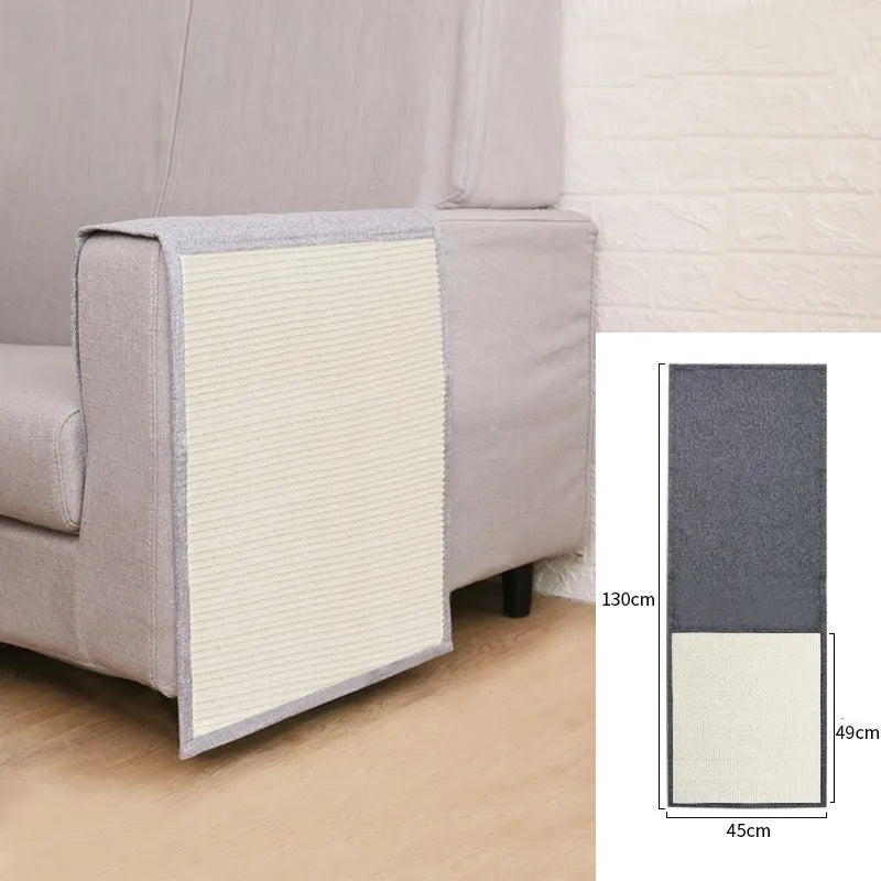 Scratching post alternative: Compact light grey sisal armrest protector for cats.
