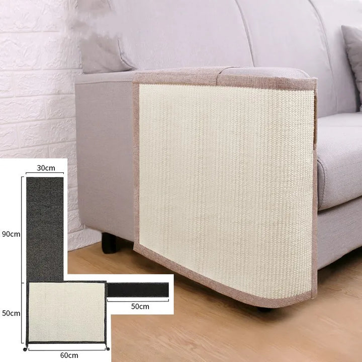 Pet supplies: Light grey sisal furniture protector mat for cat scratching on sofa arms.