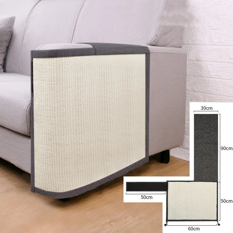 Protect your couch with this light grey sisal cat scratch armrest mat, a durable solution.