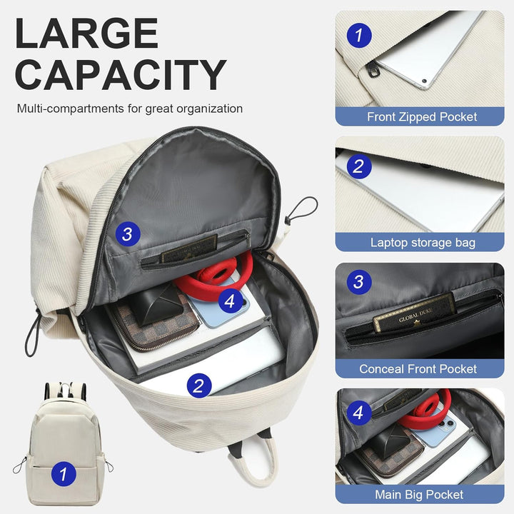 Water-resistant travel backpack for laptops, featuring multiple organized compartments.