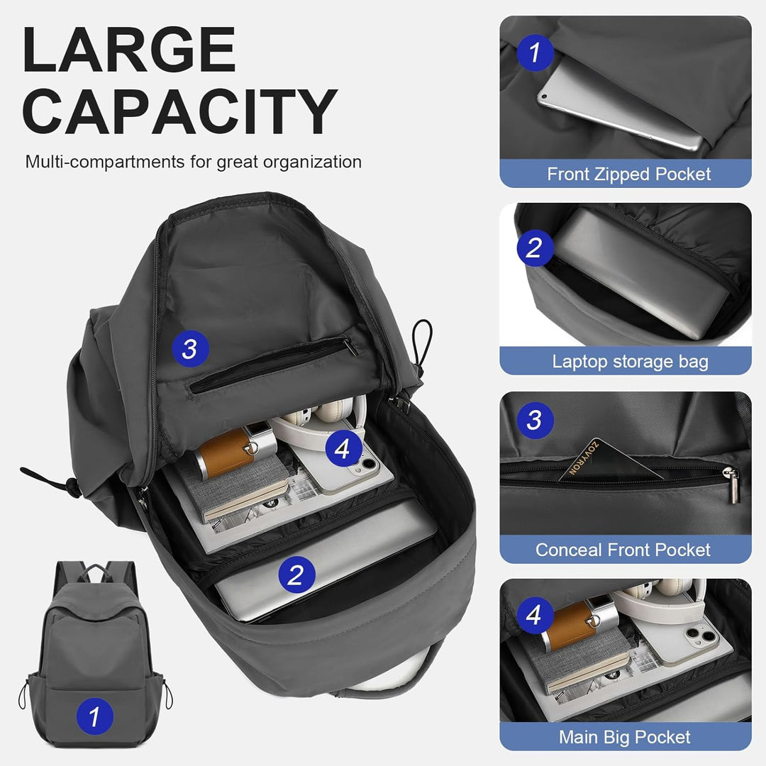 Organized travel backpack with various pockets for secure, sorted items.
