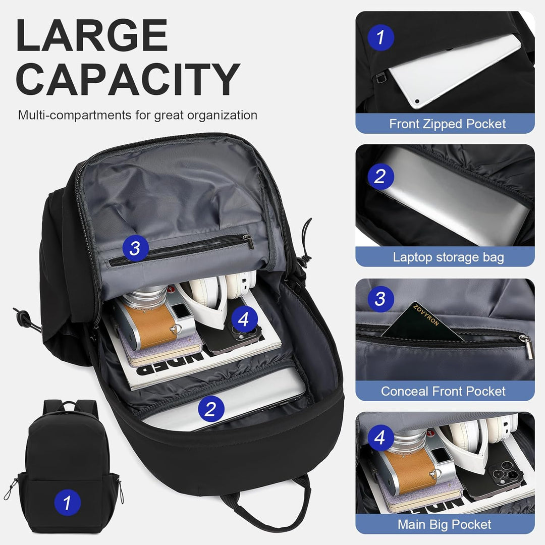 Men's organized travel backpack, water-resistant, ideal for business trips and laptops.