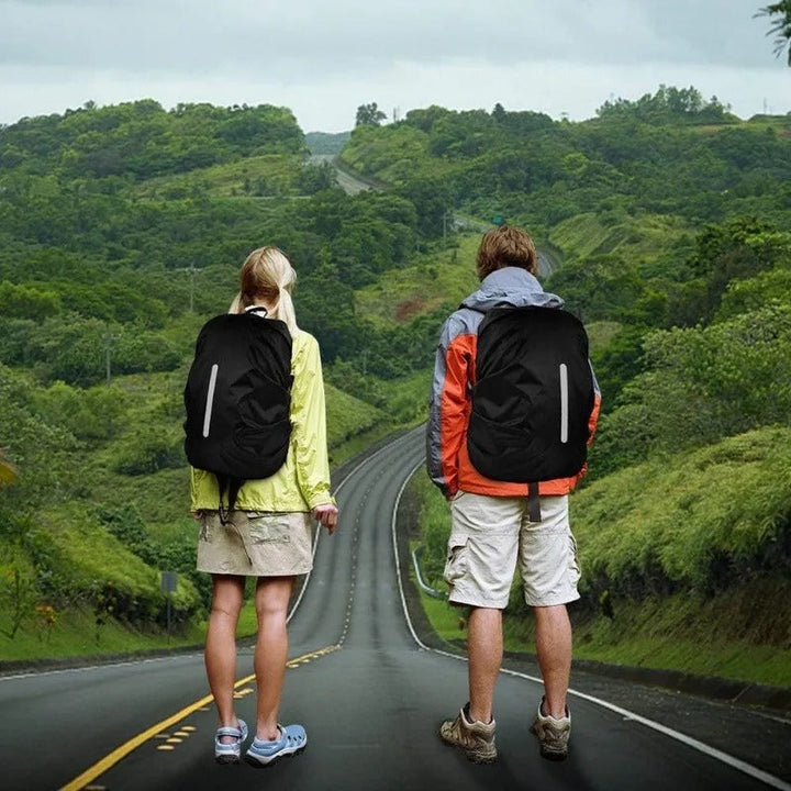 Lightweight waterproof backpack rain cover with reflective strips for hiking & cycling safety.