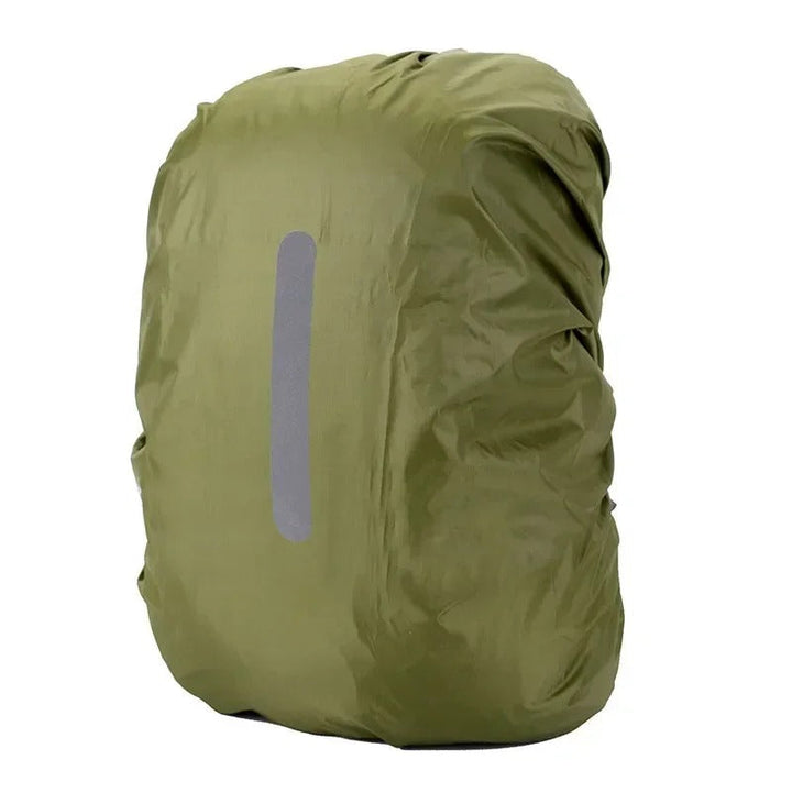Unisex adjustable rain cover protects backpacks from water, features reflective strips for low-light visibility.